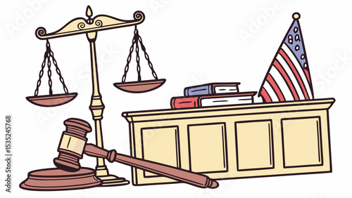 Judges Gavel Scales of Justice and American Flag on Desk.