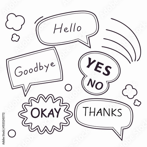 Hand-drawn Speech Bubbles with Common Phrases.