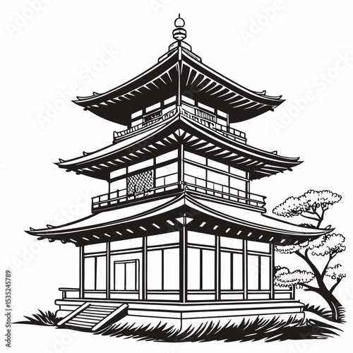 Black and White Illustration of a Japanese Pagoda with Tree.