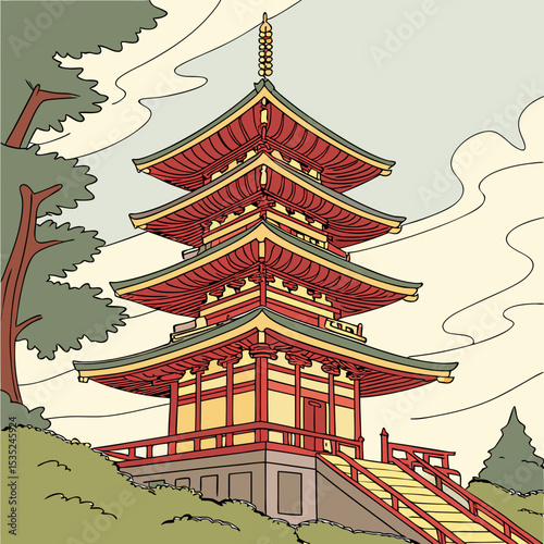 Traditional Japanese Pagoda Illustration Red and Gold Architecture.
