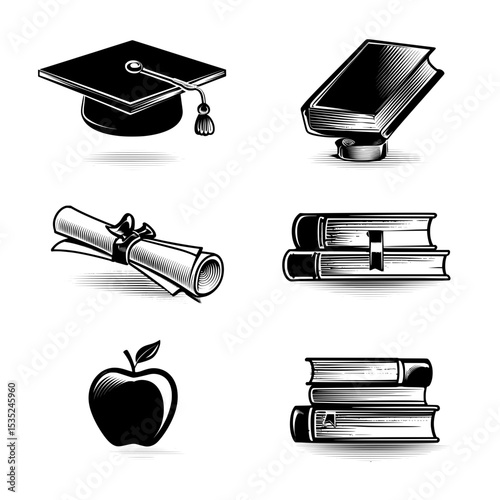 Minimal Black‑And‑White Education Icons: Cap, Diploma, Books & Apple