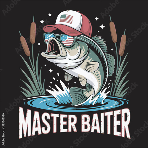 Largemouth Bass Wearing U S A Flag Sunglasses and Hat Jumping in Water Master Baiter