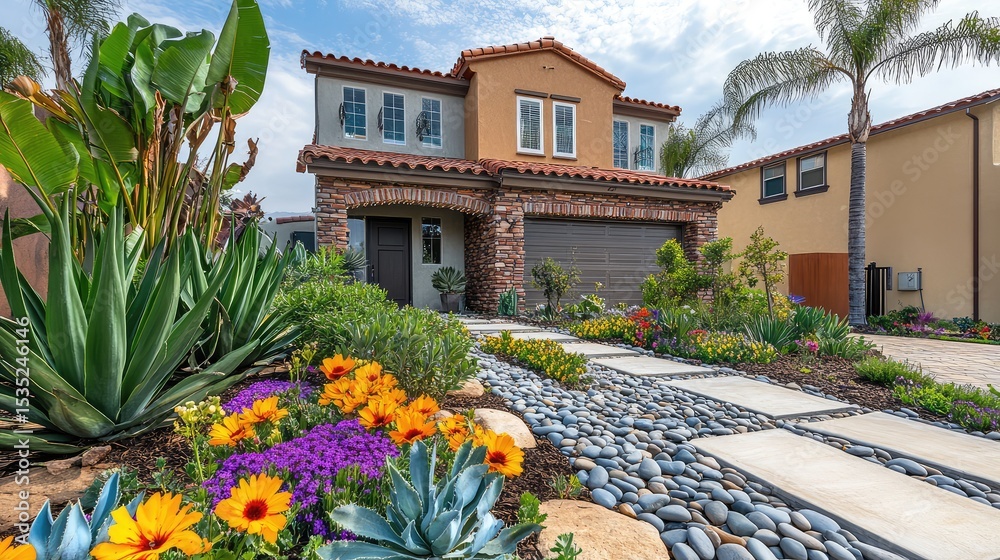 Obraz premium Charming Mediterranean-Style Home with Lush Landscaping and Colorful Flower Garden in a Picturesque Neighborhood Under a Sunny Sky