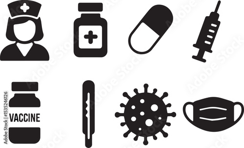 Medical Care & Protection Icons Vector Set – Nurse, Medicine & Virus Safety