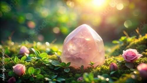 A delicate rose quartz crystal nestled among lush greenery, its soft pink hue subtly illuminated by the gentle light of dawn, calming colors, nature