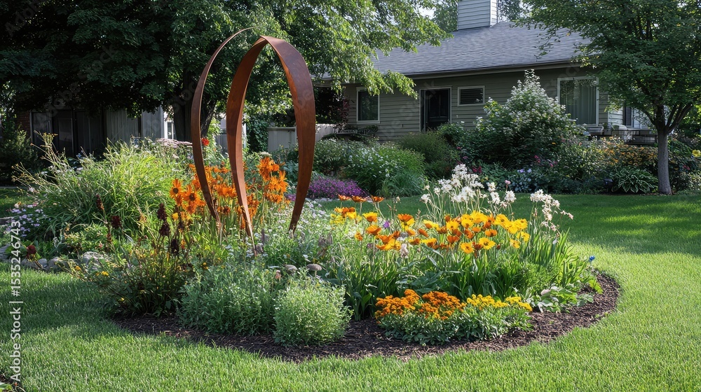 Fototapeta premium Vibrant Flower Garden with Sculptural Feature and Lush Green Lawn Surrounded by Charming Residential Landscape in Full Bloom During Sunny Day