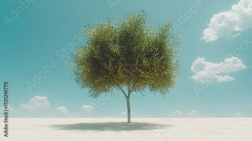 Solitary Tree Amidst Desert Plain Illustration Under Blue Sky Backdrop