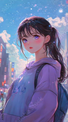 Anime-style girl with a backpack standing in a vibrant cityscape under a starry sky