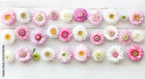 Floral border arrangement featuring spring flowers on a white wooden background, complete with copy space for greeting card or banner creations