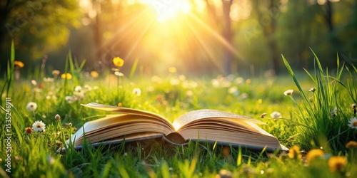Open book in the grass on a green field with flowers and trees around it, sunlight shining through leaves , serene, flowers