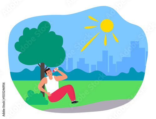 man drinking water  sitting under the tree summer heatstroke first aid thirsty dehydration vector illustration