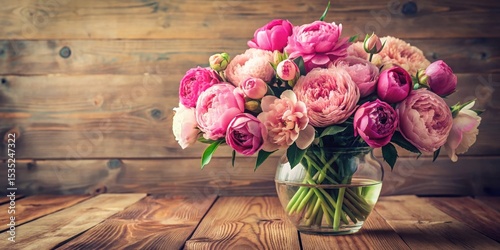 A bunch of fresh pink peonies and roses are arranged in a decorative vase on a wooden table, flower arrangement, bouquet