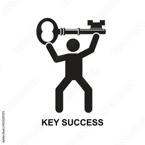 Key success icon. Human black figure lifting key isolated on background vector illustration.