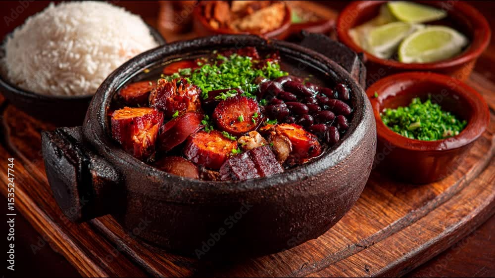 A rustic bowl of feijoada with rice, lime, and herbs on a wooden board in a close up studio shot