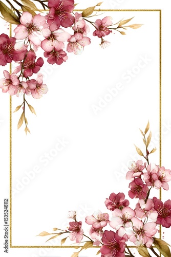 Frame with watercolor sakura flowers on a gold frame in pink and burgundy tones, decorating the upper left and lower right corner.