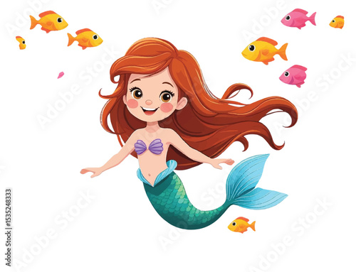 A little mermaid is swimming with her fish friends.