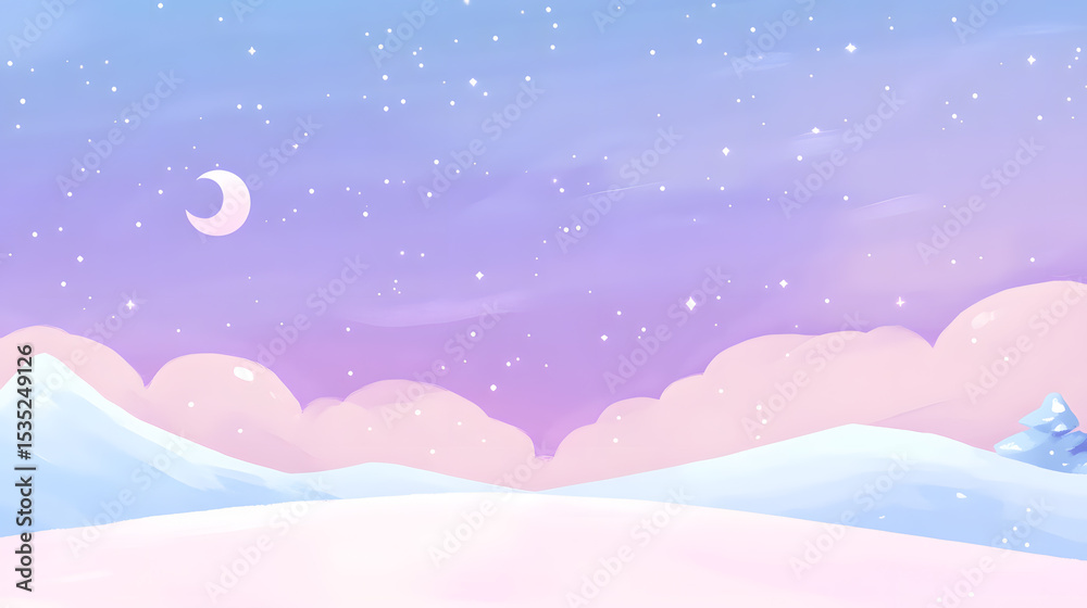 Fototapeta premium Pastel Winter Landscape with Crescent Moon and Snowy Peaks