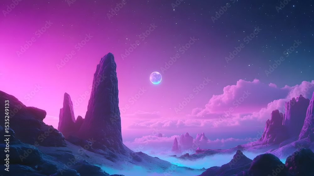 Fototapeta premium Surreal Alien Landscape with Purple Skies and Floating Moon