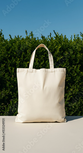 Mockup of blank tote bag on outdoor background with green bushes and blue sky
