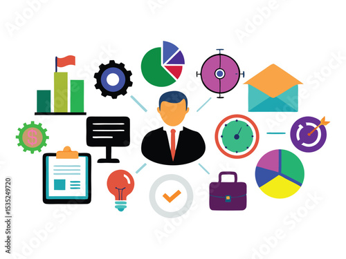 Businessman icon surrounded by colorful business graphics isolated on white background

