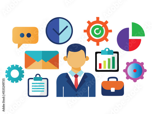 Businessman icon with surrounding colorful business elements isolated on white background
