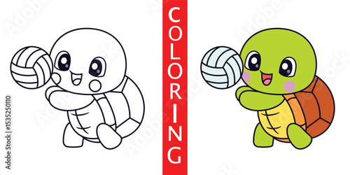 Cute Cartoon Turtle Playing Volleyball Coloring Sheet, Illustration Icon Cartoon Vector, Animals Holidays, Cartoon Style Flat.