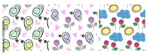 Stylized Butterflies Roses Flower Sun Cloud and decorative hearts Seamless Pattern Spring fond Set