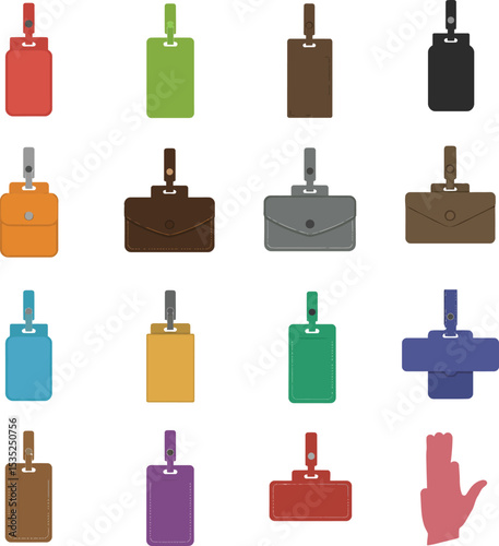 Comprehensive vector illustration showcasing a diverse collection of colorful blank badge holders, ID holders, and luggage tags, ideal for corporate, travel, and event design projects.