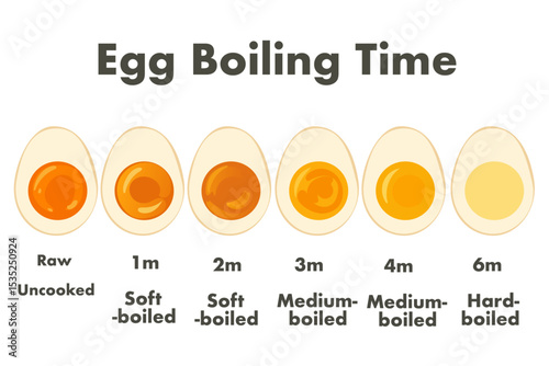 Vector infographic showing egg boiling time and doneness stages from raw to hard-boiled. Great for cooking guides, recipes, and educational use.