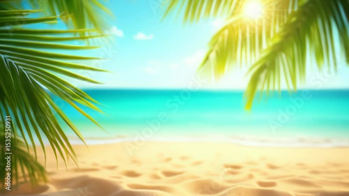Tropical beach scene with palm leaves, bright sunlight, clear blue sea, and soft sand. Ideal for vacation and relaxation themes.