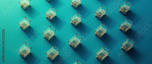 Repeated shopping carts casting shadows on a monochrome turquoise surface