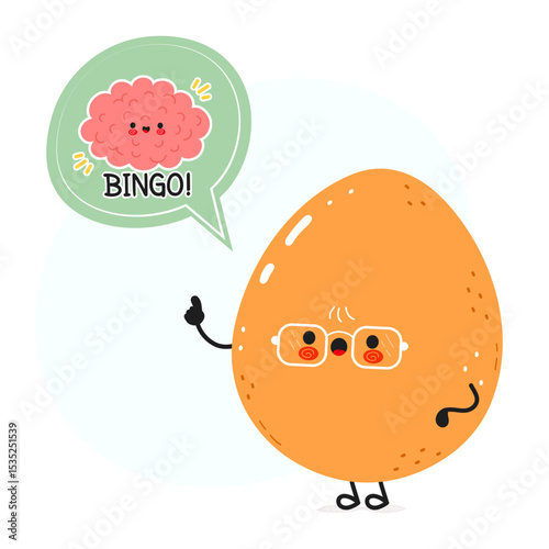 Cheerful orange egg character wearing glasses, pointing to brainstorming thought bubble with bingo text