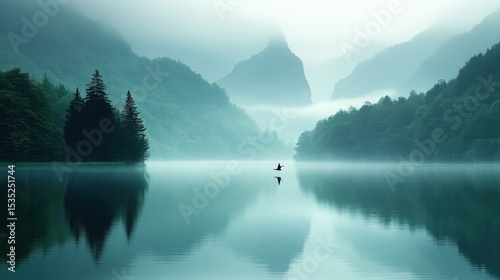 Misty Lake Mountain Landscape with Reflection Serene Nature Scenery Background