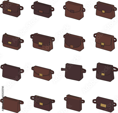 Stylish vector illustration featuring a diverse collection of women's handbags, clutches, and shoulder bags in various colors and designs, perfect for fashion, accessories, and e-commerce projects.