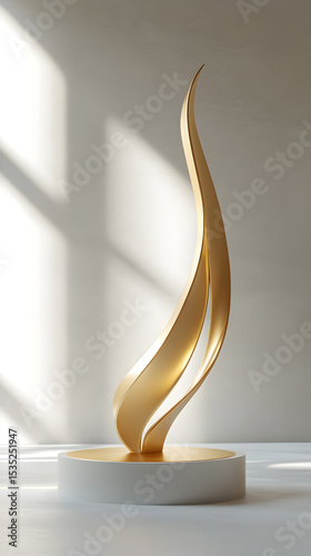 Elegant golden sculpture with flowing curves displayed on a minimalist white pedestal under soft natural light.