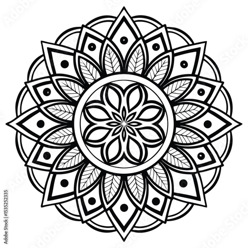 Intricate black and white mandala design featuring floral and geometric ornamental elements