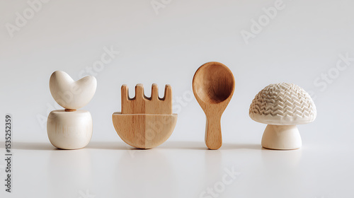 Wooden toys arranged beautifully on white surface.