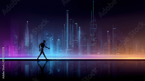Wallpaper Mural A robot walking in a futuristic city with a neon-lit skyline, sleek design, no people. Artificial Intelligence, Futuristic Digital Technology, Metaverse of Digital Intelligent World Torontodigital.ca