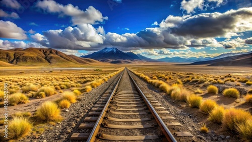 Serene views of Andean railway on high plateau scenery in Bolivia landscape with mountains and valleys in distance , landscape photography, railway track photo