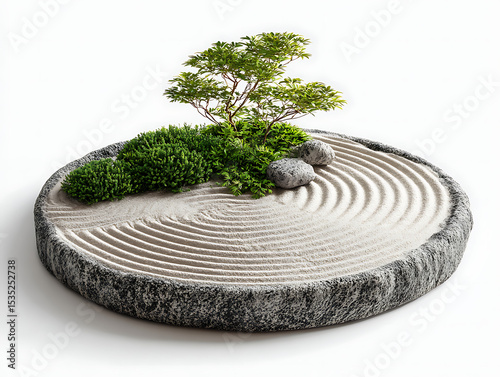 Zen garden with miniature green landscape.