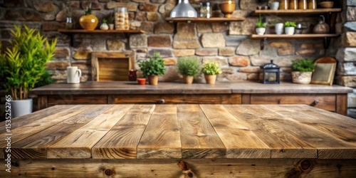 Rustic wooden table with natural stone top background top view, country style
