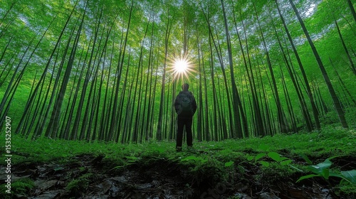 Man Backpacking in Forest with Bright Sunlight Bursting Through Tall Trees