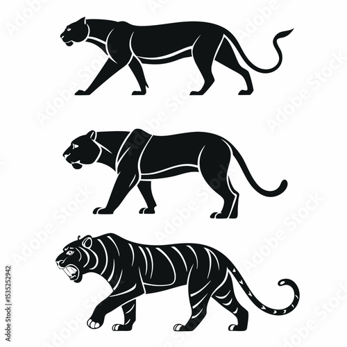 Vector illustration of black panther and tiger silhouettes isolated on white background.