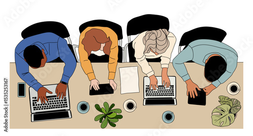 Team work business concept top view illustration. Business scene of men and women working together overhead view. Modern vector colored outline drawing Isolated on transparent background.