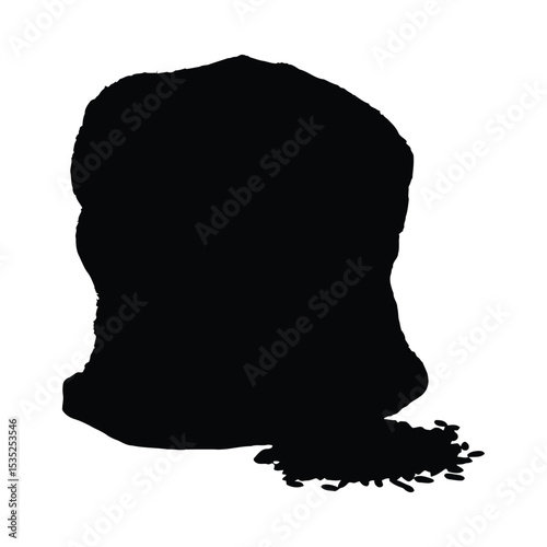 Silhouette of a burlap sack containing rice grains on a clean white background