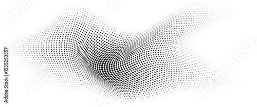 Flowing Wave Dot Halftone Pattern: Curve Gradient Shape on Transparent Background. Suitable for AI, Tech, Network, Digital, Science, and Technology Themes.