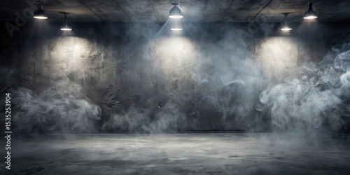 A dark grey concrete floor with a subtle texture and faint industrial lighting, set against a hazy smoke background with wispy tendrils rising into the air , environment, gritty