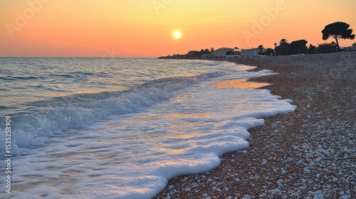 Seascape at Dusk with Waves Crashing on Beach Rocky Coastline