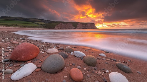 Scenic Beach With Rocks And Dramatic Sunset Sky Landscape Seascape