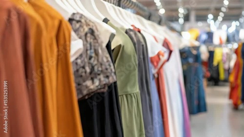 Colorful clothes hanging in fashion store, offering wide selection for shoppers.
